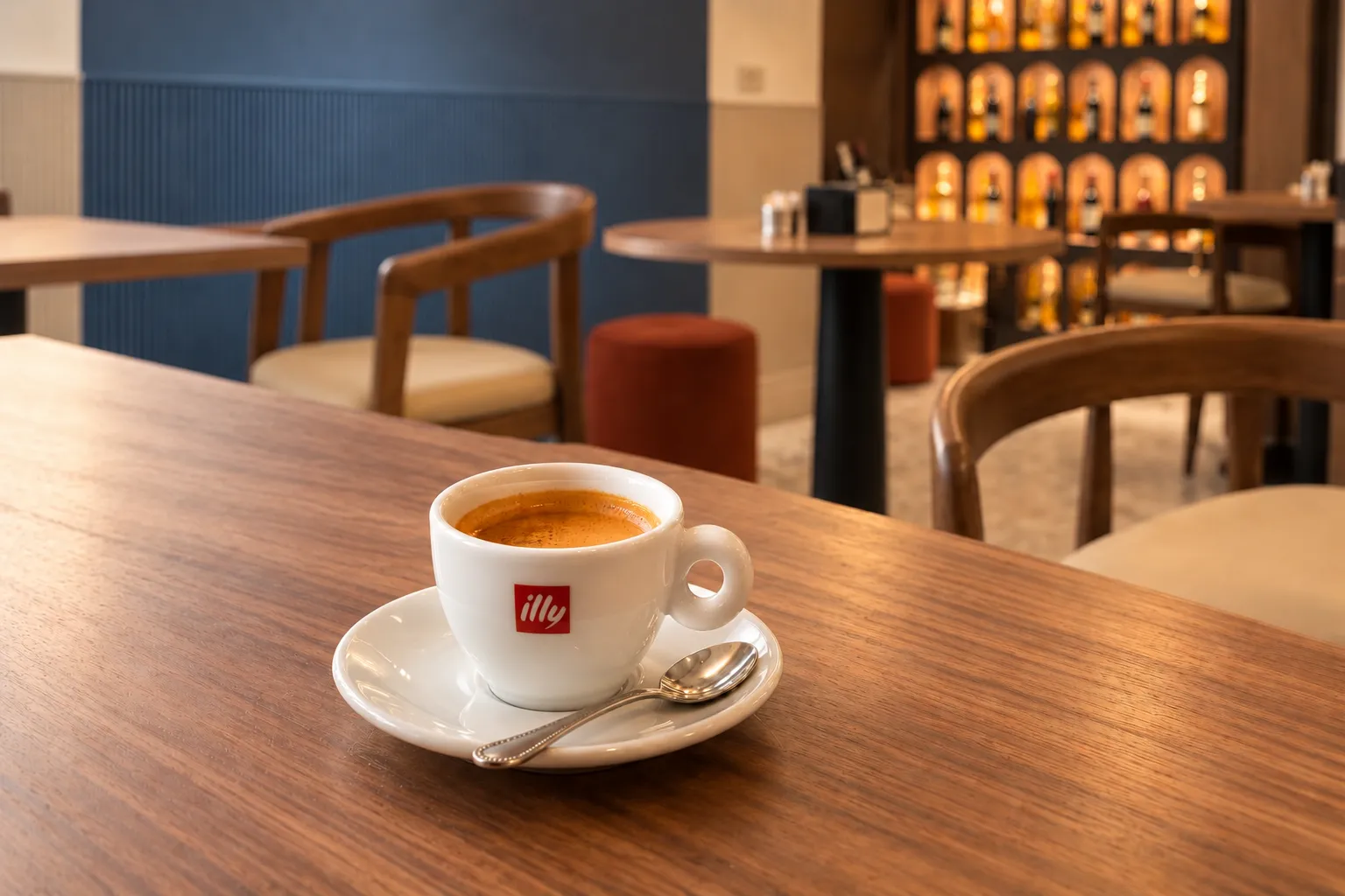 Un caffè espresso servito su un tavolo in legno del Portofino