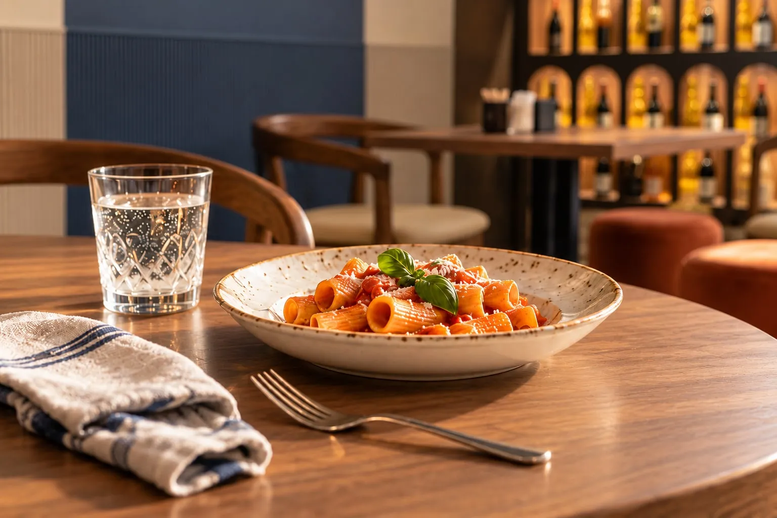 Un piatto di mezze maniche al pomodoro e basilico su un tavolo del Portofino